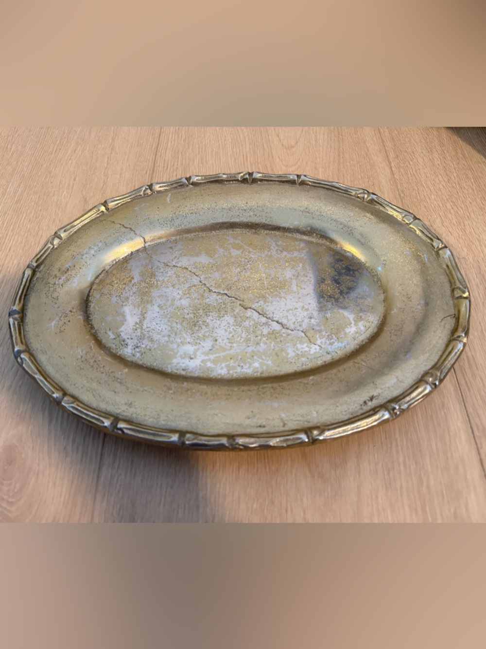 Tahari Home Gold Oval Tray Distressed Bamboo Edge Rustic Glam Decor